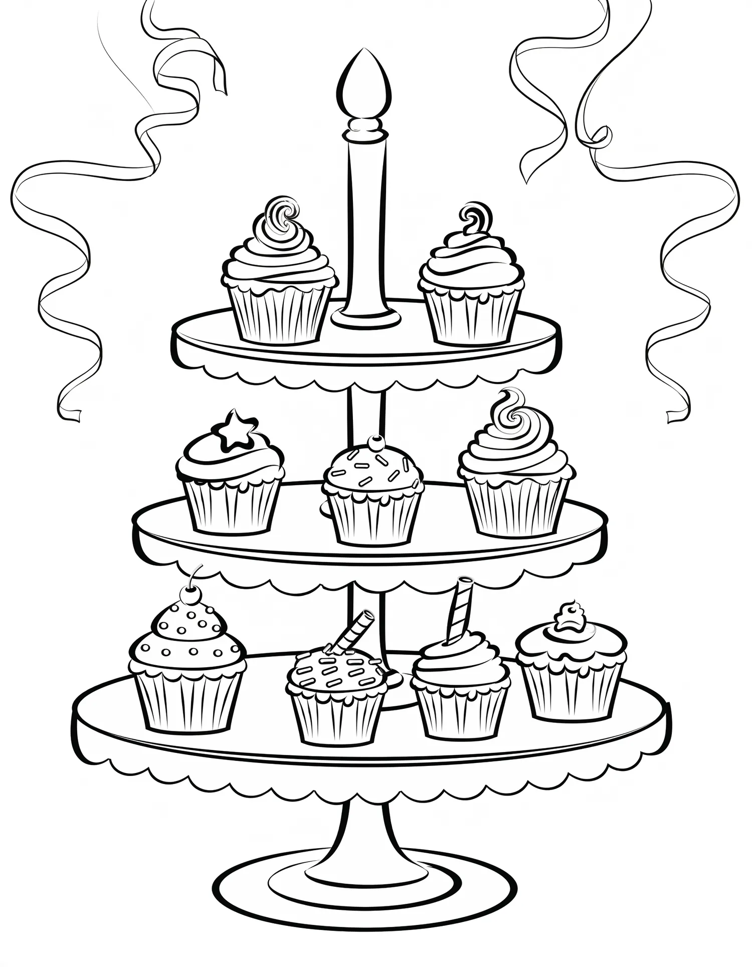 Cupcakes de Fête en Tour, Coloriage pâtisserie à imprimer gratuitement